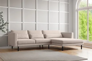 Ecksofa Designersofa AGADA in Stoff Verita Beige Ottomane Rechts