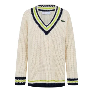 Lacoste - Pullover Top für Damen, V-Ausschnitt, leger (Cremefarbe/Schwarz)