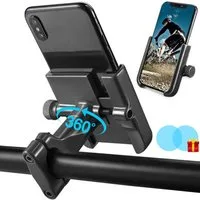 MOPUEA Handy-Halterung 360° drehbarer Handyhalter Smartphone-Halterung aus Aluminium, (bis 6,8 Zoll, Motorradhalterung für Motorrad, Fahrrad und E-Scooter, 1-tlg., mit 2 Regenschutzfolien für Motorradspiegel (rund), stabil, rutschfest und einfach zu 