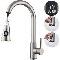 HOMELIVE Spültischarmatur mit brause ausziehbar 360° Küchenarmatur LED Digitalanzeige Hochdruck Wasserhahn Küche, Zweifunktionaler Wasserauslass,Gebürstet