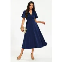 FS Collection Midikleid Satin Midikleid Sommerkleid Freizeitkleid Abendkleid V-Ausschnitt (S,M,L und XL) Knopfleiste, elastischer Rückeneinsatz, Schlitz, taillierter Bund