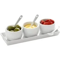 Dipschale Dip-Set DAPPER, Weiß, Spülmaschinengeeignet, Porzellan, (7-tlg), 3 Schälchen, 3 Häppchenlöffeln, 1 Tablett