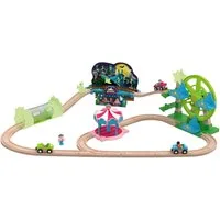 lupilu Spielzeug-Eisenbahn LUPILU® Holzschienenbahn Freizeitpark Geisterbahn Licht Riesenrad, Zertifizierung: CE-Kennzeichnung