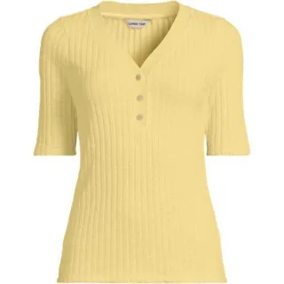 Rippstrick-Henleyshirt mit halblangen Ärmeln, Damen,  Gelb, Elasthan/Baumwoll-Mischung/Polyester-Mischung, by Lands' End