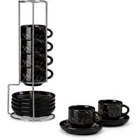 MALACASA Kaffeeservice Porzellan Espressotasse, Metallständer, Weiß/Schwarz/Marmor (6-tlg), 6 Personen, Porzellan