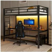 TavilaEcon Hochbett mit Geländer und Trittleiter, Tisch mit USB und Steckdose mit LED-Leuchten, ohne Matratze, 90×200cm, Schwarz
