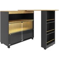 MODFU Bartisch Hochtisch Kücheninsel Bistro Table (Ausziehbarer Stehtisch,Bistrotisch mit Stauraum, 2-St., Ausziehbare Länge: 138-204 cm), mit LED, drei Ebenen von Ablagefächern