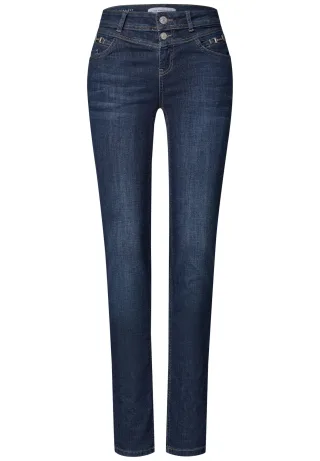Street One - Mid Waist Slim Leg Jeans mit Dekodetail Dark Blue Soft Washed - Gr. - 32