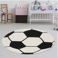 TeppichHome24 Kinderteppich Fußballteppich rund Weich & robust für Kinderzimmer in Schwarz Weiß, rund, Höhe: 12 mm