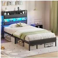 MSMASK Metallbett mit LED Beleuchtung & Ladestation, Kinderbett Jugendbett (1-tlg., Ohne Matratze), Bettgestell 90x200cm