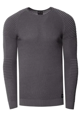 Slim Fit Feinstrick Biker Rundhals-Pullover