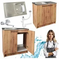 STAMAR Spülenschrank Küchenschrank 80cm Goldene Eiche Spüle Wandarmatur Chrom Siphon Set Standschrank 49cm Tiefe Edelstahl Spülbecken Geschirrspüler Komplett