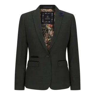 Damen Tweed Grün Karierter Blazer Wolle Klassische Jacke