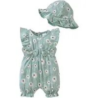 Gluckids Strampler Süßer kurzarm Body & Mütze mit Blumendruck für Babymädchen (Set, 2-tlg) Sommer Babykleidung aus Baumwolle, mit Rüschen