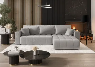 Ecksofa Schlafsofa CAMILA Stoff Monolith Hellgrau Ottomane Rechts