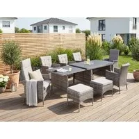 KONIFERA Garten-Essgruppe Parla, (Set, 21-tlg., 6xSessel, 1x AZ-Tisch 150-242,5cm,2x Hocker,inkl. Auflagen, Polyrattan), 2 der 6 Sessel sind verstellbar, Grau, Tischplatte aus Sicherheitsglas
