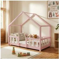 en.casa Kinderbett, »Treviolo« Haus-Optik Montessori 70x140 cm Rosa / Weiß