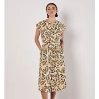Apricot Midikleid Midi-Hemdkleid mit Blätterdruck mit Gürtel
