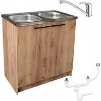 STAMAR Spülenschrank Küchenschrank 80cm Goldene Eiche Spüle 2 Kammer Dreharmatur Chrom XXL Standschrank 49cm Tiefe Edelstahl Doppelspüle Geschirrspüler Komplett