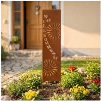 Levandeo® Gartenstecker Gartenstele Willkommen Metall Edelrost 20x100cm Blumen Schmetterling