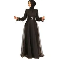 Modavitrini Abendkleid Damen Tüll Maxikleid Langarm – Festkleid mit Gürtel Modest Fashion Gürtel mit Schmucksteinen