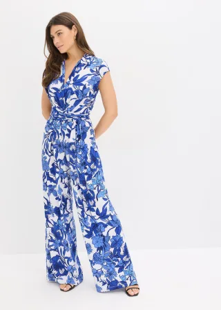 bonprix Ärmelloser Jersey-Jumpsuit, blau, Gr.48/50 (XL), Jersey-Jumpsuit mit weitem Bein und Drapierung vorne in der Taille, die sich durch Bindebänder individuell binden lässt