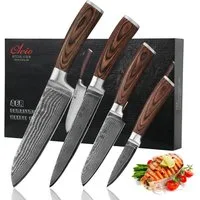 Wakoli Messer-Set Edib 4er Damastmesser-Set I Kochmesser Küchenmesser 8 bis 18cm Klingen (Damastmesser mit Geschenkbox, 4-tlg., 4er Damastmesser-Set), Aus 67 Lagen Damaststahl, VG10 Kern, Pakkaholzgriff, inkl. Geschenkbox