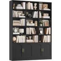 Homfa Bücherregal 209cm Bücherschrank Hochschrank Raumteiler Standregal, mit 15 offenen Fächern und 4 Türen, Holz, 150x23,7x209 cm, Schwarz