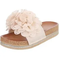 Ital-Design Damen Plateau-Pantolette mit Blütenapplikation Plateausandaletten (91849041) Flach Pantoletten in Beige