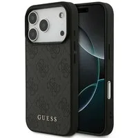 Guess Handyhülle iPhone 17 Pro Kunstleder grau Classic Logo goldfarben Metall 6,3 Zoll, Kantenschutz