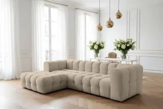 Ecksofa Designersofa SOLVIE in Stoff Moly Beige Ottomane Links