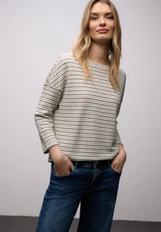 STREET ONE 3/4-Arm-Shirt mit gestreiften Strick-Look und U-Boot-Ausschnitt
