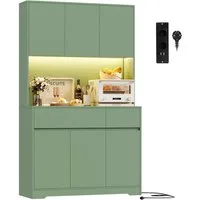 Homfa Küchenbuffet Küchenschrank mit LED Buffetschrank mit Steckdosen Hochschrank mit Arbeitsplatte, 6 Türen und Schubladen