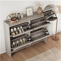 GarveeMore Schuhschrank mit 4 Klappen & Holzgriffe, Grau, 120 x 93 x 26 cm Minimalistischer Stil