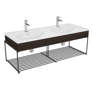 VitrA Equal Set Doppelwaschtisch 130 cm mit Holzblende und Ablagegitter 2 Becken 2 Hahnlöcher,81089 81089
