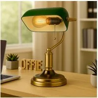 GLOBO LIGHTING Schreibtischlampe, Leuchtmittel nicht inklusive, Bankerleuchte Tischlampe Schreibtischleuchte messing grün Zugschalter
