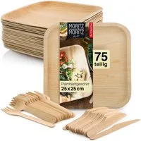 Moritz & Moritz Einweggeschirr-Set 75tlg Palmblatt Geschirr Eckig 25x25cm (75-tlg), 25 Personen, Palmblatt, Birkenholz, Nachhaltiges Einweggeschirr - 25 Teller Einweg - 25 Holzbesteck Einweg