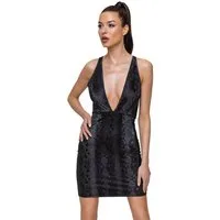 Cottelli Collection Minikleid Kurzes enges Kleid in Schlangenhaut-Optik - schwarz (1-tlg) Vorne und hinten extra tiefer Ausschnitt