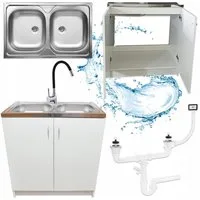 STAMAR Spülenschrank Küchenschrank 80cm Weiß Komplett Set Spüle 2 Kammer Armatur Schwarz Standschrank Edelstahl Spülbecken Elastische Hocharmatur Siphon Set