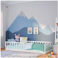 Bellabino Kinderbett Vere mit Rausfallschutz und Lattenrost (weiß, Kiefer Massivholz), Bodenbett verfügbar in 80x160 & 90/120/140x200 cm