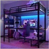 Flieks Hochbett Metallbett 90x200cm mit LED-Leiste, USB-Laden und Schreibtisch