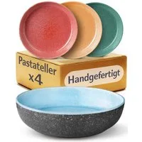 Cosumy Servierteller Steingut Geschirr Set 4 Personen – Handgefertigtes Tafelservice, Steingut, (Einzelartikel, 4-tlg., 4er Tiefe Teller Set Steingut Ø22 cm, handgefertigt, spülmaschinenfest), Handglasiert- Mikrowellenfest - Spülmaschinenfest – Desig