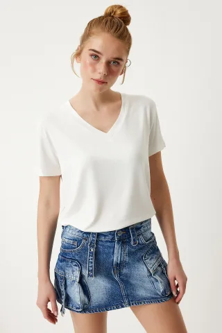 V-Ausschnitt Kurzarm Unifarben T-Shirt