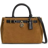 Tommy Hilfiger Handtasche AMERICAN ICON MINI TOTE SUEDE LE, Damen Schultertasche, Umhängetasche mit TH-Schloss-Schmuckanhgänger