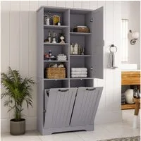 Flieks Badkommode Hochschrank mit doppelter Wäschekorb, 7 Fächern (B78/T35/H172,7 cm, 1 St., mit verstellbaren Einlegeböden und 2 Klappen), Badezimmerschrank feuchtigkeitsbeständiger Holzschrank aus MDF Grau