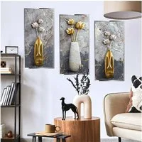 MOPUEA Wandsticker 3D Lotus Vase Wandaufkleber 3er Set selbstklebend Wanddeko 30x60cm (3D Wandaufkleber Vase Lotus DIY Wanddeko Set, 3er Set selbstklebende 3D Vase Lotus Wandsticker 30x60cm), Selbstklebend, abnehmbar, wasserfest, PVC, rückstandslos