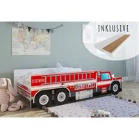 Kids Collective Autobett Kinderbett Jugendbett 70x140, 80x160 cm mit Rausfallschutz Feuerwehr, Feuerwehrauto Feuerwehrmann Kinderspielbett mit Matratze 80x160 cm