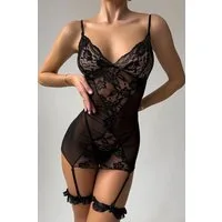 C&CITY Nachthemd Spitzen-Detail Schwarzes Babydoll