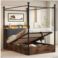 Flieks Himmelbett, Hydraulisches Stauraumbett Metallbett 90x190cm mit LED und USB/Typ-C
