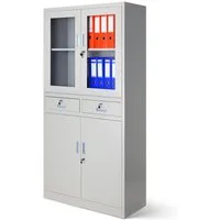 Jan Nowak Vitrine Metall Vitrinenschrank mit Schubladen 90 cm EDMUND Glasscheibe (Stahl 0,6 mm Wandmontage möglich PZH-zertifiziert 185 cm) Büroschrank abschließbar 2 Schubfächer Schloss 2 Schlüssel Grau